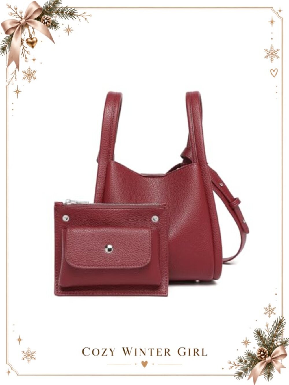 Faux Leather Mini Bucket Bag with Zipper Pockets and Matching Pouch
